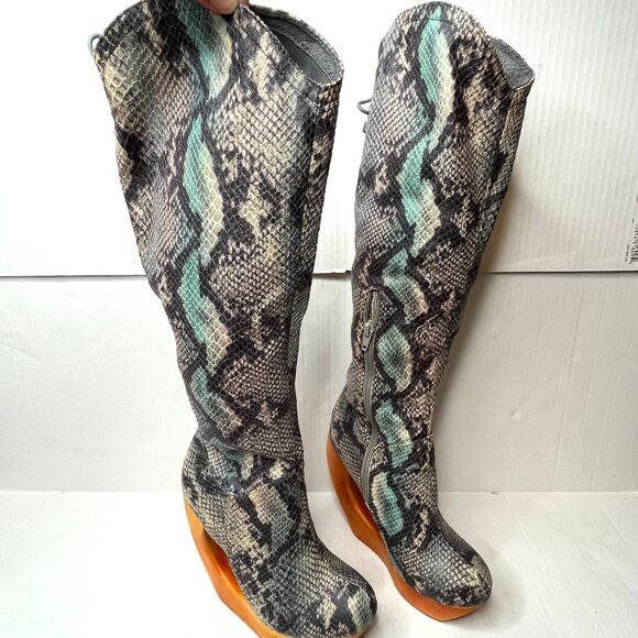 Jeffrey Campbell Rockferry Boots Size 7 Blue Snakeskin Brown Platform Knee High - Picture 9 of 17